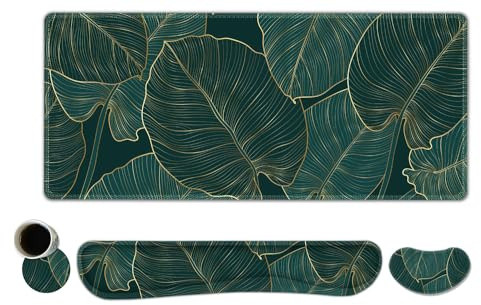 ToLuLu Extended Gaming Mouse Pad, Ergonomic Keyboard Mouse Wrist Rest Set | Large Desk Mat with Stitched Edges, Non-Slip Base Memory Foam Mousepad Support for Home Office Game, Green Golden Leaves