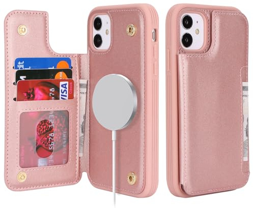 SailorTech för iPhone 11-fodral med kreditkortshållare, magnetsäker, iPhone 11 telefonfodral läderfodral för kvinnor, kompatibla och magsäkra kortplatser, hållbar, stötsäker, plånboksfodral – roséguld