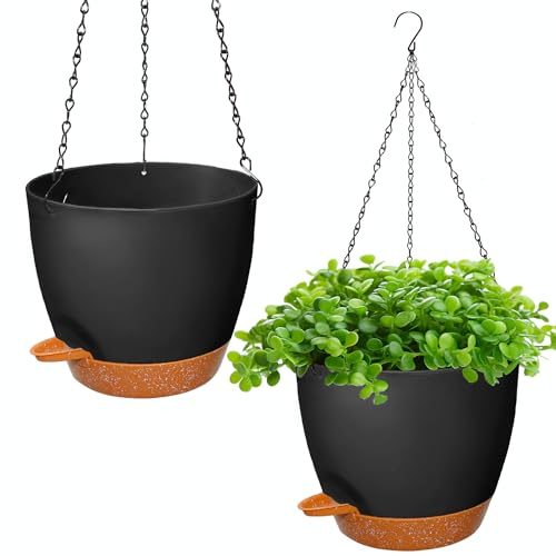 Blumentopf hängend Mit Bewässerungssystem,2er Set 20.5cm Blumenampel Plastik außen innen,Selbstbewässernd hängetopf für pflanzen mit 3Hook für Innen Außen Decken Balkone Wanddekoration(schwarz)