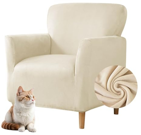 Highdi Stretch Sesselbezug Samt Sesselhusse Sesselschoner rutschfest mit Armlehnen, Sofa Überzug 1 Sitzer Sesselüberwurf für Relax-Sessel, Cocktailsessel, Clubsessel, Universal (Beige)