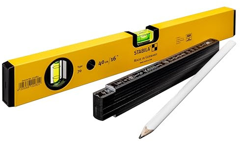 STABILA STARTER KIT - Wasserwaage Type 70/40 cm (Alu-Profil, 1 Horizontal-Libelle, 1 Vertikal-Libelle), Zollstock Type 707 P /2m (PEFC zertifiziertes Holz), Bleistift