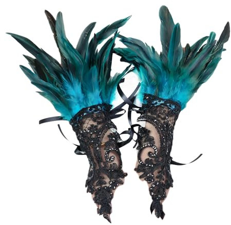 Whakano Damen Handschuhe mit Feder Spitze,Lange Gothic Netzhandschuhe Vintage Spitzenhandschuhe mit Feder,Fingerlose Federschmuck für Hochzeit Party Halloween Kostüm,Blauer See