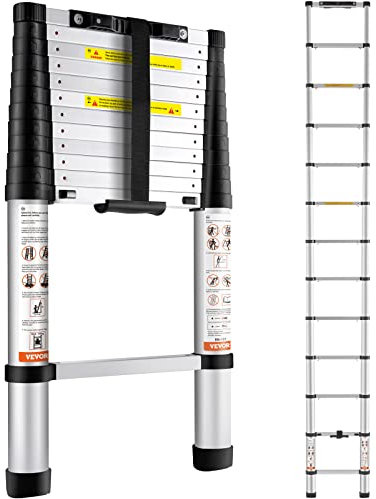 VEVOR Telescoping Ladder, 12.5 FT Aluminum One-button Retraction Collapsible Extension Ladder, 375 LBS Capacity with Non-slip Feet, Portable Multi-purpose Compact Ladder for Home, RV, Loft, ANSI Liste
