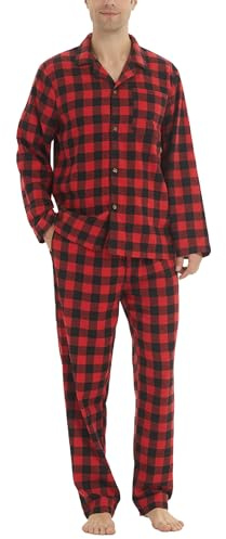 LNFINTDO Pyjamas herr lång tvådelad flanell bomull vinter rutig pyjamas ultramjuk långärmad topp mjuk pyjamasbyxor med ficka män pyjamas-set, röd, M