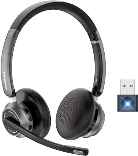 KONNAO Cuffie wireless, 2024 nuove cuffie V5.3 con dongle USB, cuffie per computer QCC3034 AI con cancellazione del rumore microfono e microfono mute, tempo di lavoro 30 ore per