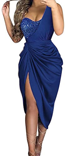 Sequin Dress for Women Bodycon Spaghetti Strap Dress Ruched Side Slit Party Cocktail Dress Dinner Dress Sexy Sleeveless V-Neck Long Occasion Dresses Elegant Evening Dresses for Women UK (Blue, S)