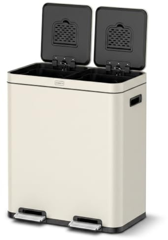 Deleca Mülleimer Küche 2 Fächer 60L – Doppelmülleimer mit FreshAura Geruchsfilter – Duo Slow Close Tretmülleimer – Mülltrennsystem 2fach – Abfalleimer - Mülleimer 2 Fächer 2x30L - Edelstahl Beige