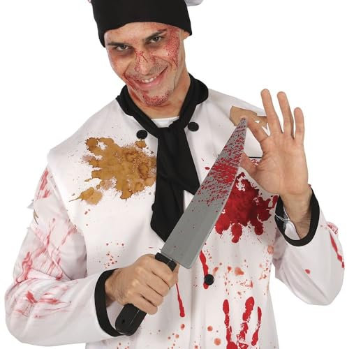 FIESTAS GUIRCA | Coltello Insanguinato (42 cm) - Arma di Giocattolo per Costume da Cuoco Assassino per Halloween e Feste di Terrore - Ideale per Bambini e Adulti - Argento Nero Rosso