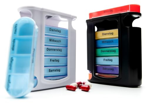 BigDean 2er Mix Tablettenbox 7 Tage Morgens Mittags Abends & Nachts | in Schwarz und Weiß – Medikamentenbox BPA-frei & Lebensmittelecht – luftdichte Pillendose auch für unterwegs geeignet