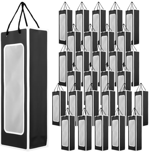 HONYUET 30 Stück 12,5 x 8,5 x 36 cm schwarze Weinflaschentüten, Wein-Geschenktüten mit Fenster für Geschäftspartys und Jäten
