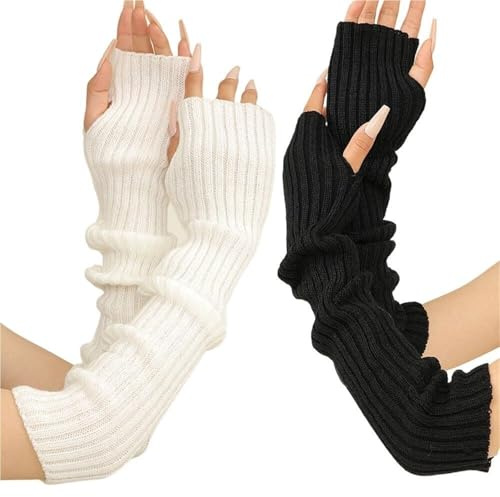 2 par Armvärmare Vinter for kvinnor, Mode Lång Fingerless Stretch Stick Vante Handskar Armärmar med tumhål, Stickade handledsvärmare(Black White)