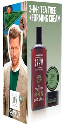 Coffret Duo de Soins American Crew : Shampoing 3 En 1 - Shampoing, Après Shampoing & Gel Douche (250ml) - Parfum Arbre à thé + Forming Cream, Cire Cheveux (50g)