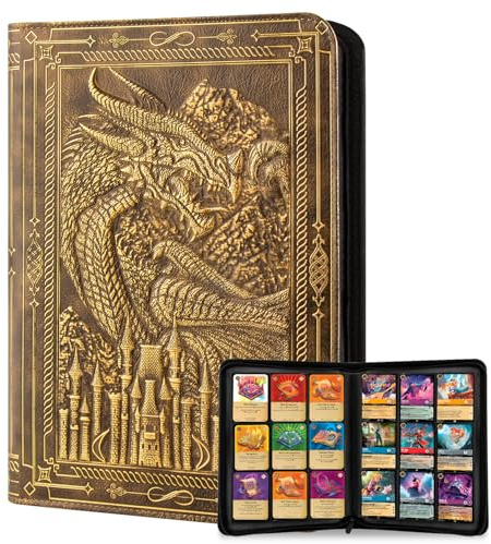 FEIDIAO 9 Pocket Trading Card Binder 360 Side Loading Pockets Albums with Zipper 3D PU Leather Embossed Dragon Card Books Collectible Trading Cards Game Album for MTG,TCG,Pokmon,Lorcana(Bronzed)