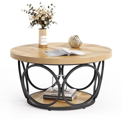 LITTLE TREE Couchtisch für das Wohnzimmer, runder Holztisch mit einem Durchmesser von 80 cm, großer runder Couchtisch im Landhausstil mit 2 Ablageflächen, moderner, Schlichter brauner Teetisch
