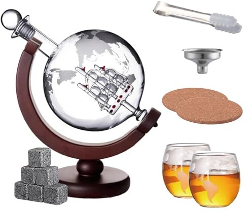 Whiskey Decanter and Glass Set, Globe Decanter with 2 Glasses, 9 Ice Cubes, Wooden Coaster, Gold Whiskey Dispenser Airtight Stopper for Wine Whiskey, Scotch, Vodka Gift Set