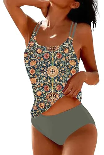 Tankinis Traje De Baño Mujer Dos Piezas Flores Impresión Swimwear Cosido Sujetador Acolchado Doble Volantes Triángulo De Copa con Tirantes De Espagueti