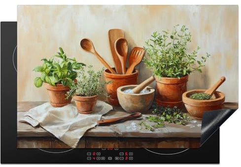 KitchenYeah© Herdabdeckplatte Einteilig Ceranfeld Abdeckplatte für | 80x52 cm - Induktionsschutz Ceranfeldabdeckung Vinyl Herdabdeckplatten Töpfe - Kräuter - Holz
