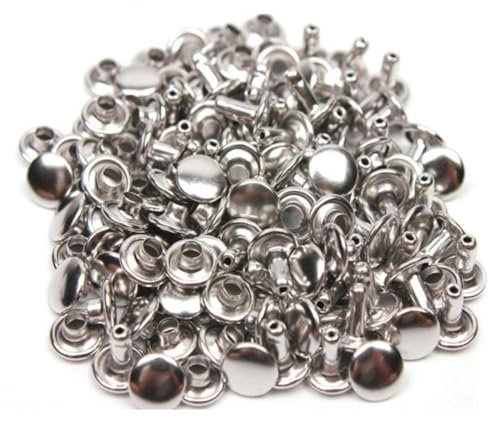 Set di 100 rivetti in pelle, rivetti cavi a doppia testa, rivetti piatti rotondi su entrambi i lati, per fai da te, accessori, borse, cinture, borse, riparazioni, decorazioni, abbigliamento, argento,