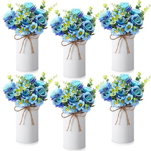 Domensi 6 Sets Hochzeits-Mittelstück für Tischdekoration, künstliche Rosen mit Metallvase, Kunstseide, Rosenstrauß, Blumenarrangements für Brautparty, Zuhause, Esszimmer, Party (blau)