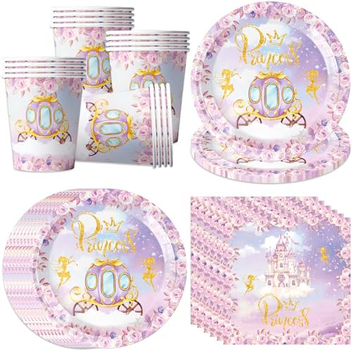 pekifaves Castello Stoviglie per Feste, Set di Stoviglie per Feste Principessa, Principesse Compleanno Decorazioni per 16 ospiti, Piatti di carta, Tazze, Tovaglioli, per Ragazze Bambini Compleanno