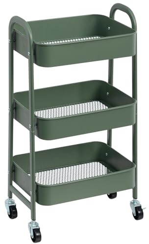 DOEWORKS Carro de Almacenamiento Carro Cocina Carrito Auxiliar con Ruedas Metalico 3 Niveles Carro Rodante para Dormitorio Baño Oficina, Verde Hierba