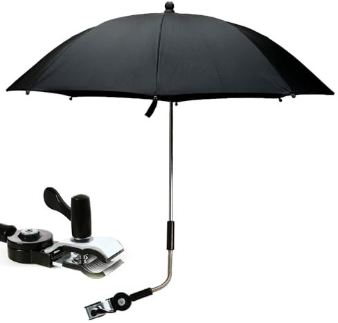 Sonnenschirm Kinderwagen – 50+ UV Schutz, 72 cm Kinderwagen-Sonnenschirm mit Verstellbarer Befestigungsklemme, 360° Flexibler Sonnenschutz, Robuster Regenschirm für Buggy & Kinderwagen, Schwarz