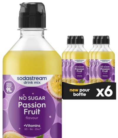 SodaStream Zeros Drink Mix, Classic Fruits Range, Sugar Free Soda Syrup for Sparkling Flavoured Water, Multipack of 6 x 440ml Bottles creates 54L of Drink, Passionfruit Flavour with added vitamins
