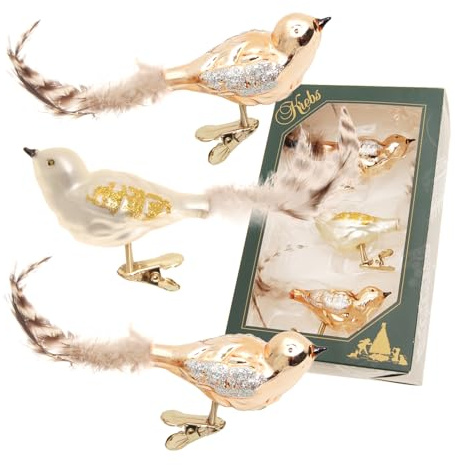 Krebs Glas Lauscha - Weihnachtsdekoration/Christbaumschmuck aus Glas - Vögel auf Clip - Farbe: Kupfer/beige - 3 Stück - Größe: ca. 11 cm