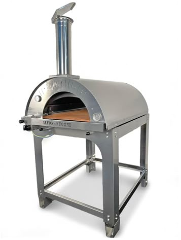 Forno pizza ibrido a gas e legna 6 pizze con tetto e carrello in acciaio inox, uso a legna o con bruciatore a gas, pietra refrattaria 3 cm, 500 gradi, Made in Italy (con bruciatore e valvola metano)