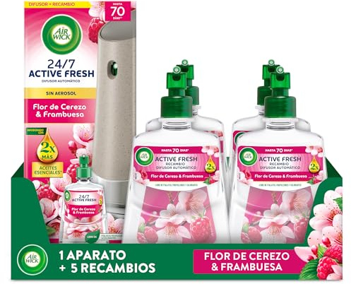 Air Wick Active Fresh Spray Automatico Sin Aerosol - Ambientador para casa con aroma a Flor de Cerezo & Frambuesa - Pack de 1 Aparato + 5 Recambios (228mlx5)
