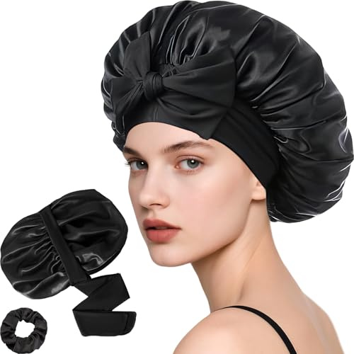 Loomify Satäng Sovmössa, Justerbar Sidenmössa för Hårvård, Dubbelsidig Satängbonnet med Scrunchie för Kvinnor (Svart)