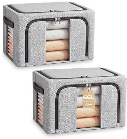 BOUDOI Clothes Storage Boxs With Lid，Large Storage Box With Double opening Zips Clear Windows，Foldable Oxford Cloth Steel Frame, Waterproof Wardrobe Storage Organiser for Bedding, Blankets,Duvet 66L