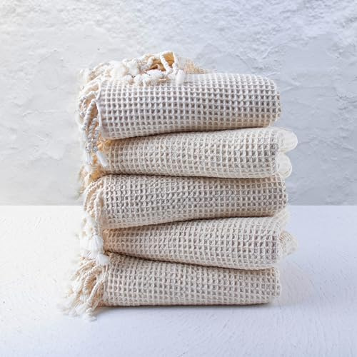 PÜSKÜL Premium Turkish Waffle Towel - Bulk Pack of 5, Organic 100% Cotton Quick-Dry Thin Oversized 35x70 Bath Beach Spa Peshtemal Towels Wholesale Turkish Towels (5, Natural Cream)