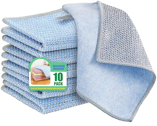 Weishuo 10 Pack Dual Layer Wire Dish Cloths for Washing Dishes 9'' x 7 Absorbent Reusable Microfiber Cleaning Cloths Multipurpose Non Scratch Wire Dishwashing Rags for Dishes, Countertops, Stovetops