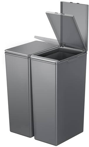 EKO Morandi Twin Pack (2 x 40L) Kitchen Bin with Touch-Top Lids, Plastic Double Bins with Recycling Stickers and Easy-Clean Finish, for Home or Office, Dark Grey