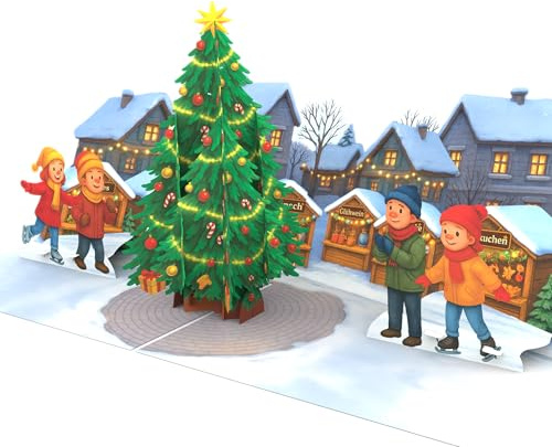 LIMAH® Pop-Up Karte Weihnachtsmarkt - 3D Weihnachtskarte mit Weihnachtsbaum und Marktständen für Familie, Freunde, Kinder & Kollegen - Grußkarte, Klappkarte mit Weihnachtsdorf