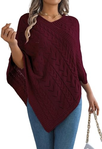 Generico Maglioni Poncho Scialle per Donna Mantello Lavorato A Maglia con Orlo Asimmetrico Poncho Traforato all'Uncinetto Pullover con Scollo A V per Autunno Inverno Bordeaux M