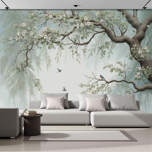 Papier Peint Peinture à l'encre chinoise Arbres et oiseaux, Vert clair 3D Panoramique Papiers Peint, Papier Mural Decoratif Pour Salon Chambre TV mur salon Murales, Moderne Décoration Murale 400x280cm