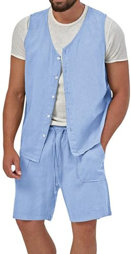 Costume décontracté Deux pièces pour Hommes en mélange Coton Lin léger avec Gilet sans Manches et Short Assorti (Light Blue, XL)