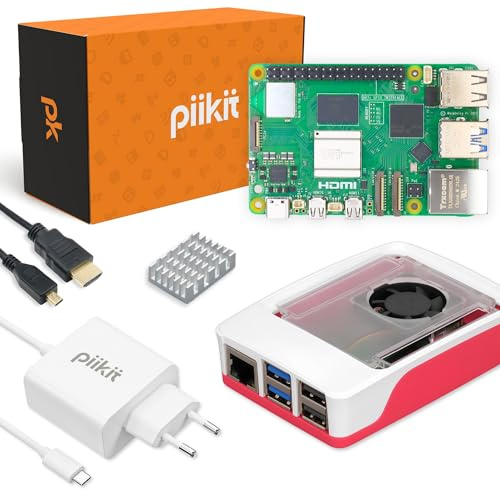 PiiKit Starter-Set für Raspberry Pi 5 4 GB - Essential Edition | 27 W Netzteil | Gehäuse mit integriertem Lüfter und Kühlkörper | 4K 60 Hz Micro-HDMI-Kabel