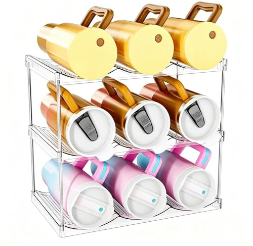 JIESHEPR Stackable Water Bottle Organiser for Fridge & Pantry, Clear Plastic Bottle Rack Holder, 3 Tier Water Bottles Storage for Wine, Drinks, Travel Mugs & Cup Storage, Transparent