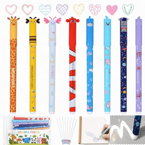 8 Stück Radierbare Gelstifte Set , 8 Farben Löschbare Stifte mit Tiermotiven, inkl. 8 Ersatzminen, Wasserdichter Stifttasche und A5 Übungsheft, 0,6 mm Gelstifte für Schule, Mädchen und Geschenk