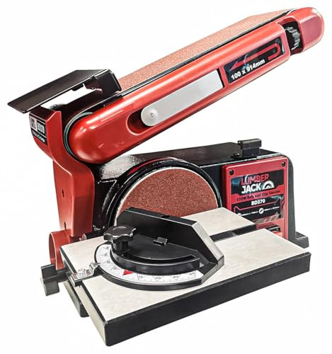LUMBER JACK Belt & Disc Sander 4 x 36 with Heavy Duty Cast Iron Base Bench Top Linisher 370W Induction Motor Adjustable Table and Belt Tilt