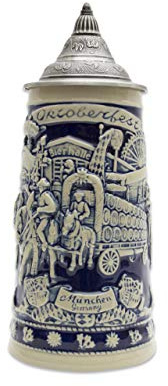Essence of Europe Gifts 0.7 Liter German Beer Stein with Lid - Germany Festival Scene Munich, Wagon and Hops Bier Krug Beer Steins - Tankard Beer Mug