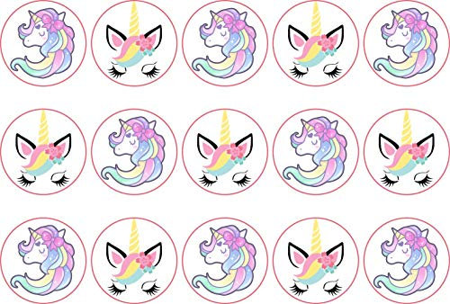 Pink and Purple Unicorn Personalised Cupcake Icing, Wafer or Wafer Card 15 x 2 inch Toppers (Wafer)