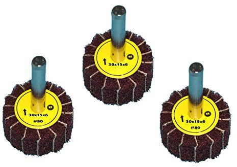 3 Stück Fächerschleifer mit Vlies-Gewebekombination 30mmx15mm, 6mm Einspannschaft, Körnung: 80 - Schleifmopstift, Lamellenschleifer, Schleifmop Schleifvlies, Lamellenrad mit Schaft.