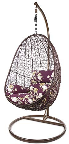 Kideo Komplettset: Hängesessel mit Gestell & Kissen, Korbsessel, Poly-Rattan (Gestell- und Korbfarbe: braun, Kissen: Blumenmuster Nest (3905_vino_Tinto))
