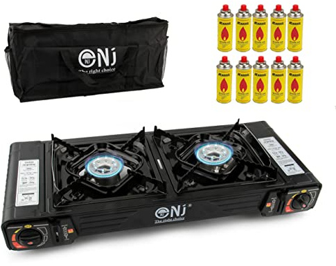 NJ DS-22 Camping Gas Stove Double Burner Portable Outdoor Cooker Carry Bag Butane BBQ+Canisters (Stove + 10 Canisters)