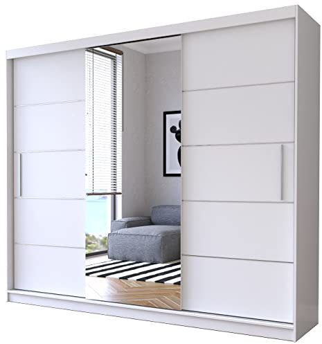 Fabryka Mebli Idźczak Kleiderschrank mit Spiegel, Schiebetüren - Weißer Schwebetürenschrank, Schlafzimmerschrank - 61 x 250 x 218 cm - Schrank für Schlafzimmer, Wohnzimmer, Garderobe