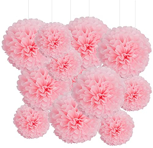 GAKA FAVOR 12er Seidenpapier Pompons Set,Rosa Tissue Hängedekoration Papier Pompoms Deko für Hochzeit,Taufe,Geburtstag,Kommunion,Valentinstag Muttertag Party Deko